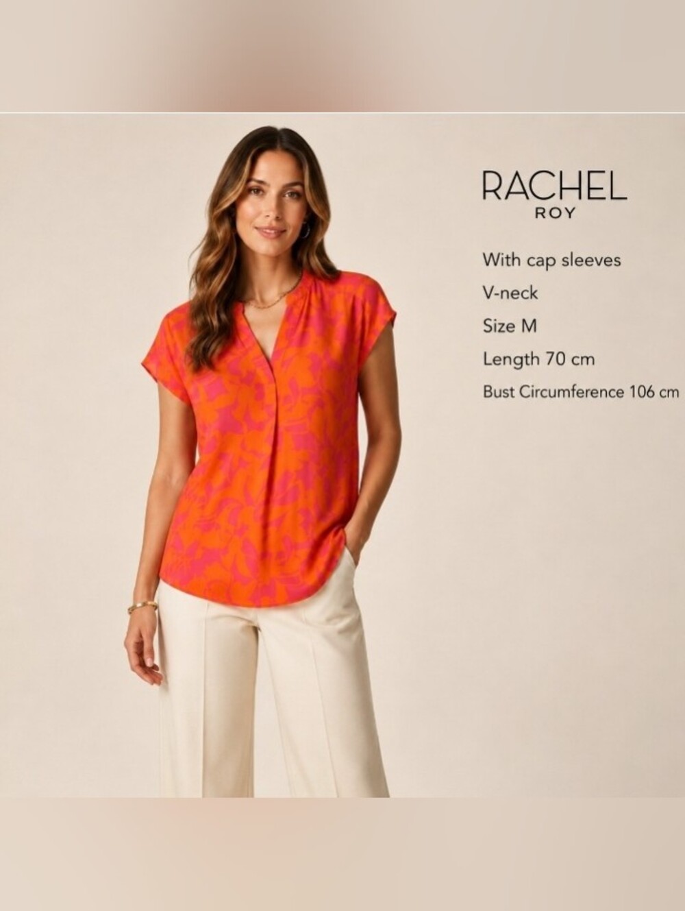 RACHEL Rachel Roy Orange & Pink Floral Split-Neck Blouse Size M
